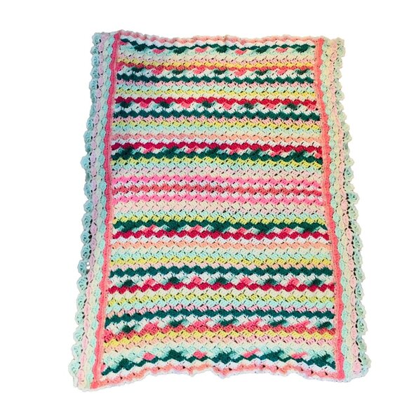 Candy Land Crochet Blanket Afghan Stacking Shells Border Stripes 40"x31" Baby - Picture 2 of 7